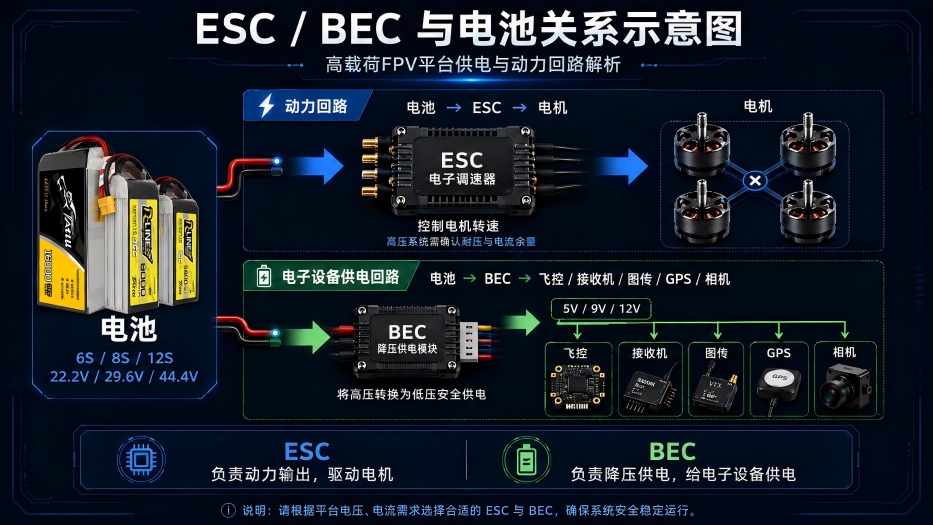 10-22寸FPV无人机ESC/BEC与电池关系